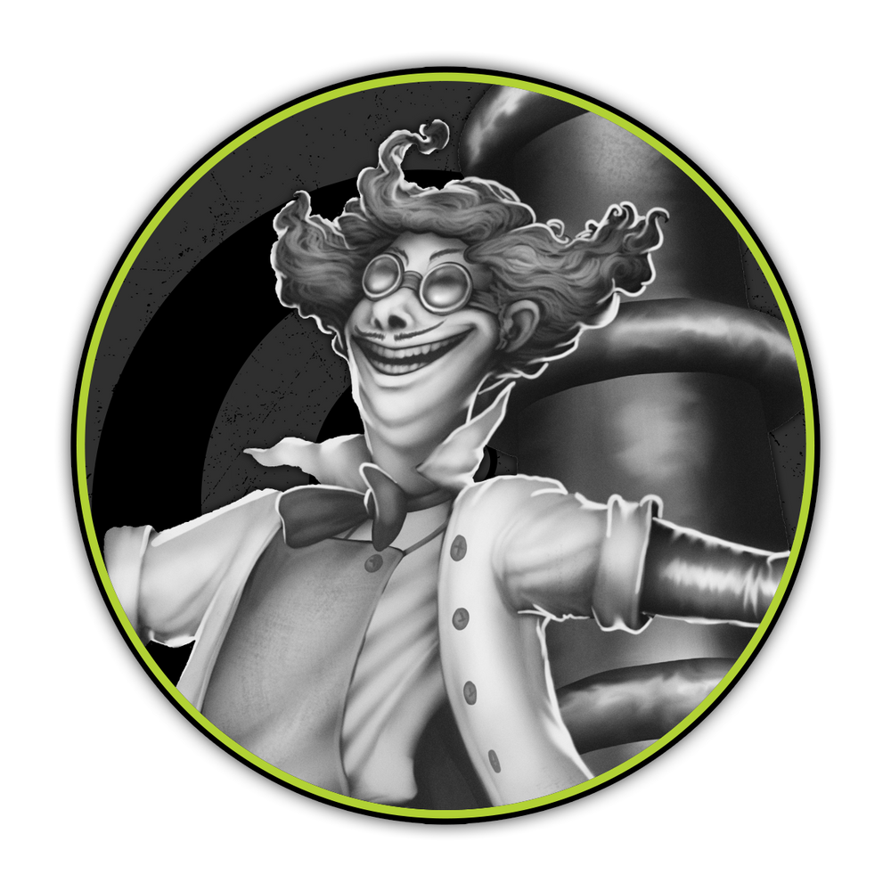 Limited edition Malifaux Rotten Harvest miniatures of Dr. Frank N. Steen and Even Wilder by Wyrd Miniatures, featuring detailed character artwork.