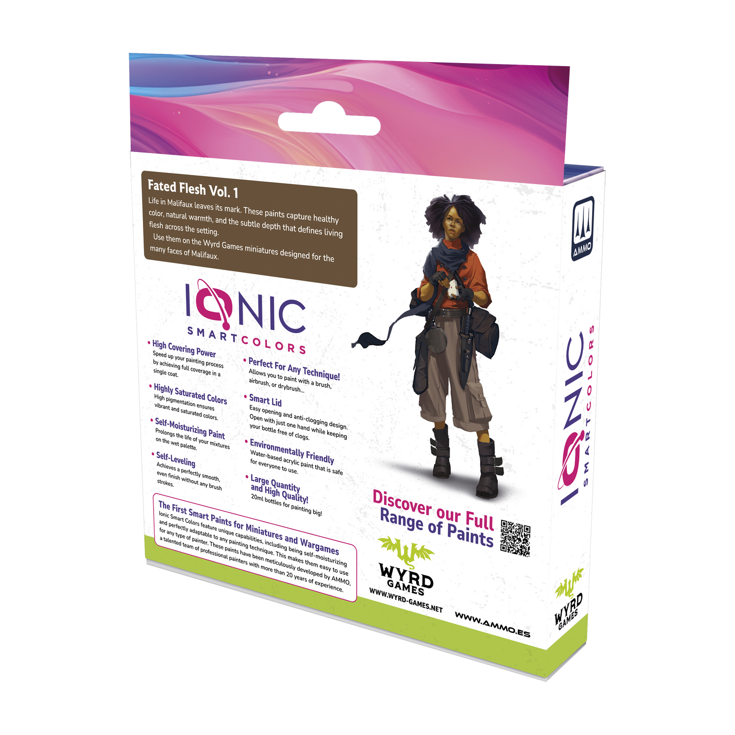 Ionic Malifaux Fated Flesh Vol. 1 paint set by Wyrd Miniatures featuring 12 color paints in a box, shown from the back.