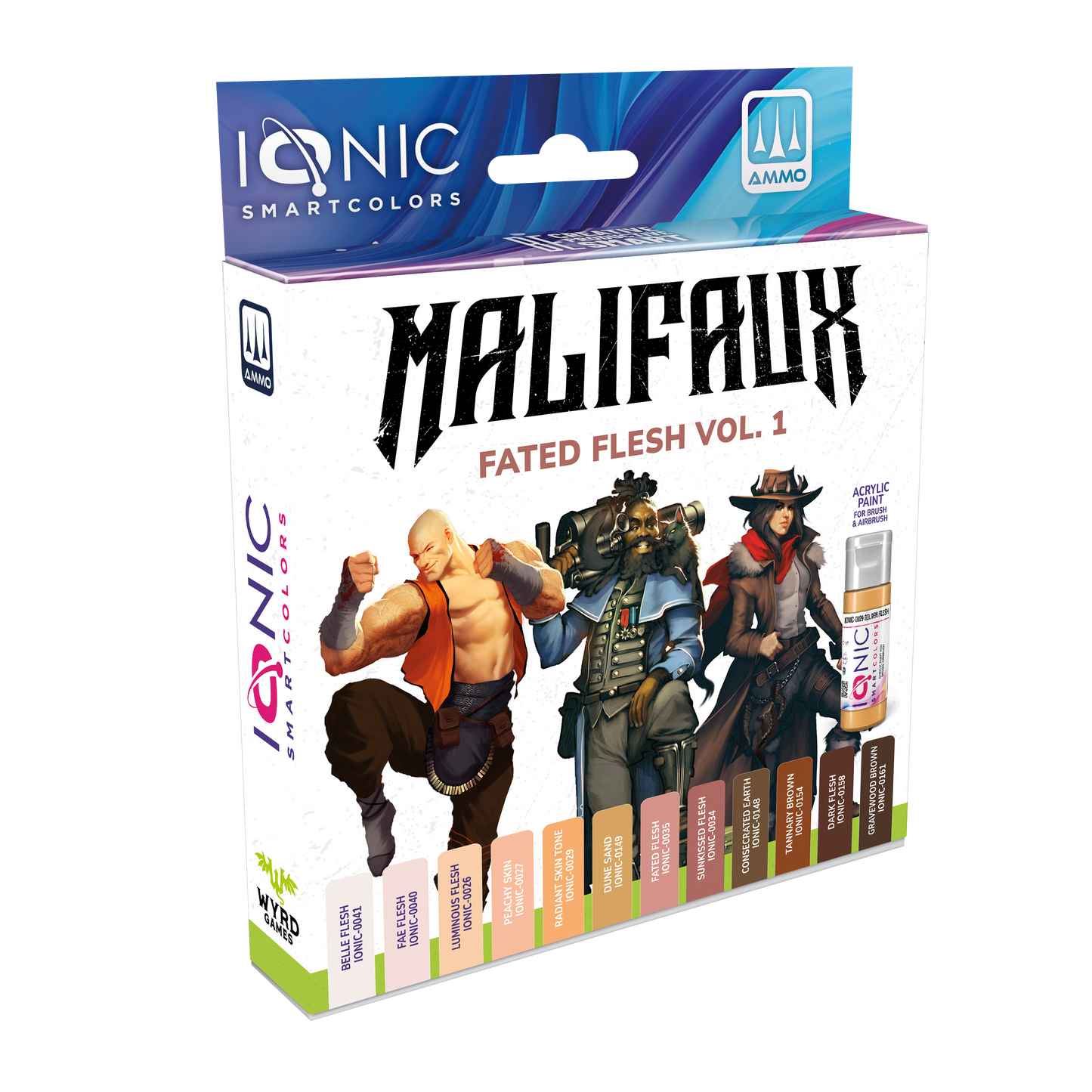 Ionic Fated Flesh Vol. 1 paint set by Wyrd Miniatures featuring 12 vibrant colors in a compact box.