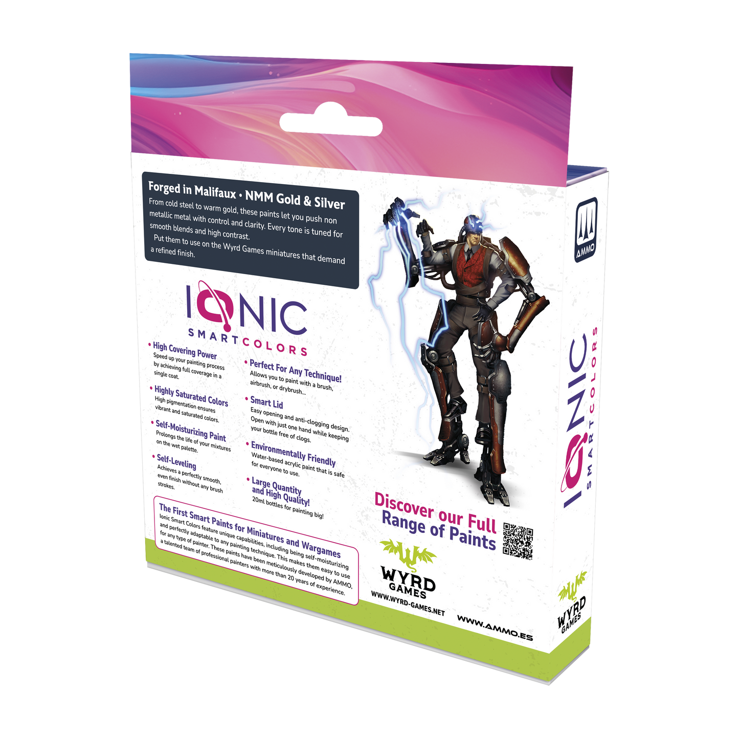 Ionic Malifaux Forged in Malifaux NMM Gold and Silver Paint Set by Wyrd Miniatures, displayed in a 12-color box with metallic paint bottles