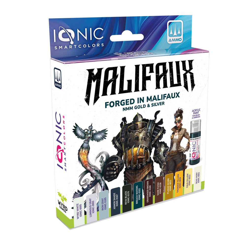 Ionic Malifaux Forged in Malifaux NMM Gold and Silver paint set by Wyrd Miniatures, featuring 12 vibrant paint bottles in a box.