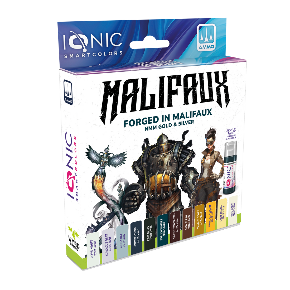 
                    
                      Ionic Malifaux Forged in Malifaux NMM Gold and Silver paint set by Wyrd Miniatures, featuring 12 vibrant paint bottles in a box.
                    
                  