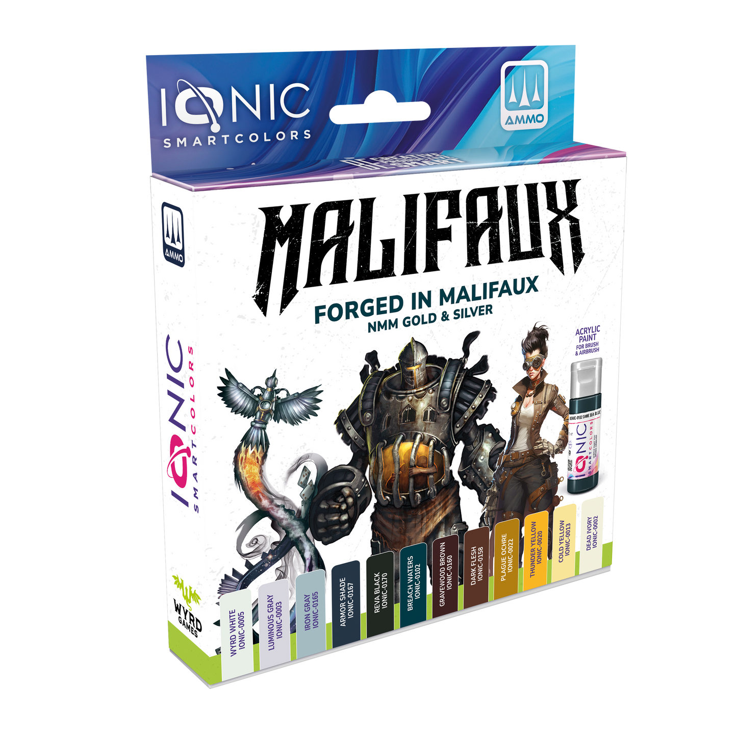 Ionic Malifaux Forged in Malifaux NMM Gold & Silver Paint Set by Wyrd Miniatures, featuring 12 color pots in a box.