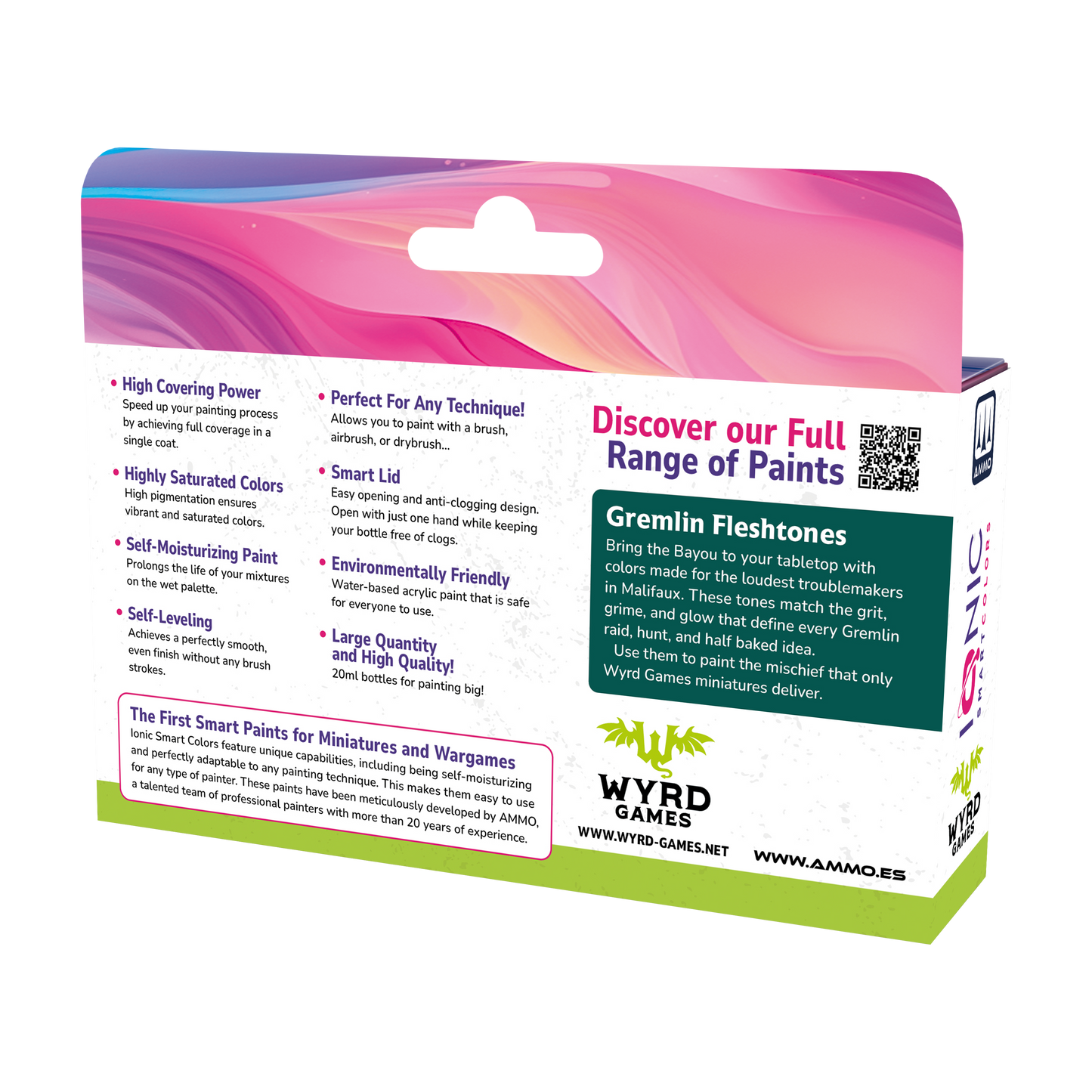 Ionic Malifaux Gremlin Fleshtones paint set by Wyrd Miniatures, featuring six colors in a box for miniature painting.