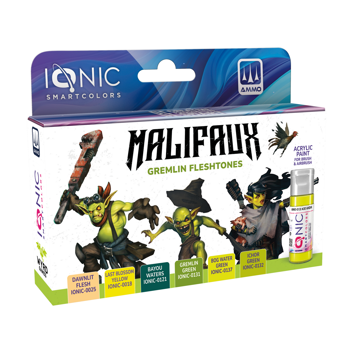 Wyrd Miniatures Ionic Malifaux Gremlin Fleshtones paint set with six colors in a rectangular box, front view.