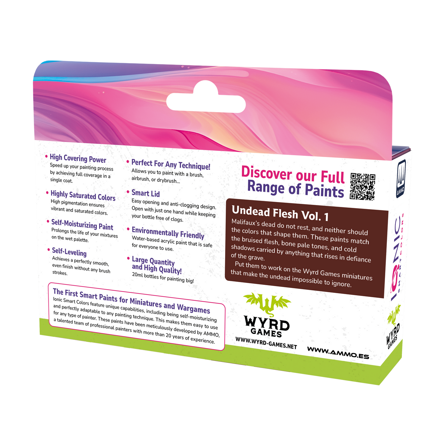 IONIC Malifaux Undead Flesh Vol. 1 paint set by Wyrd Miniatures, featuring six bottles of undead flesh-colored paints in a box.