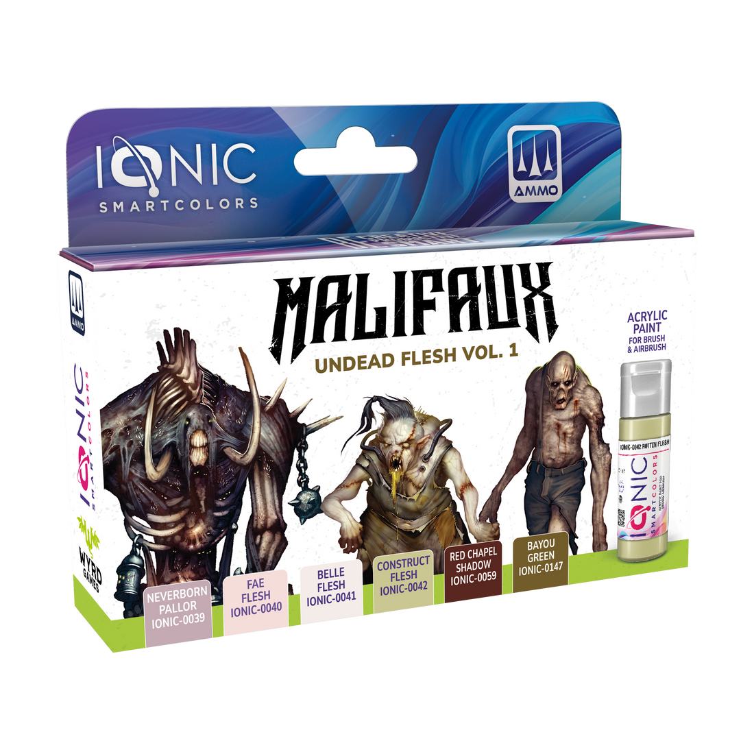 
                    
                      Ionic Malifaux Undead Flesh Vol. 1 paint set by Wyrd Miniatures showing six paint bottles in a box.
                    
                  