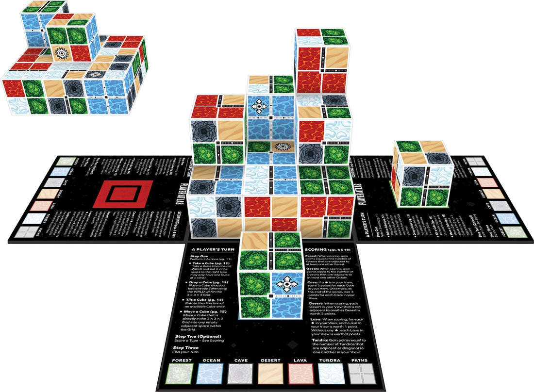 
                    
                      WRLD game with wooden Cubes and the open game board
                    
                  