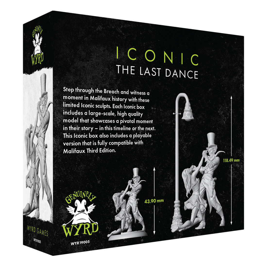 
                    
                      Back view of Wyrd Miniatures Iconic Malifaux box set titled The Last Dance featuring Seamus character.
                    
                  