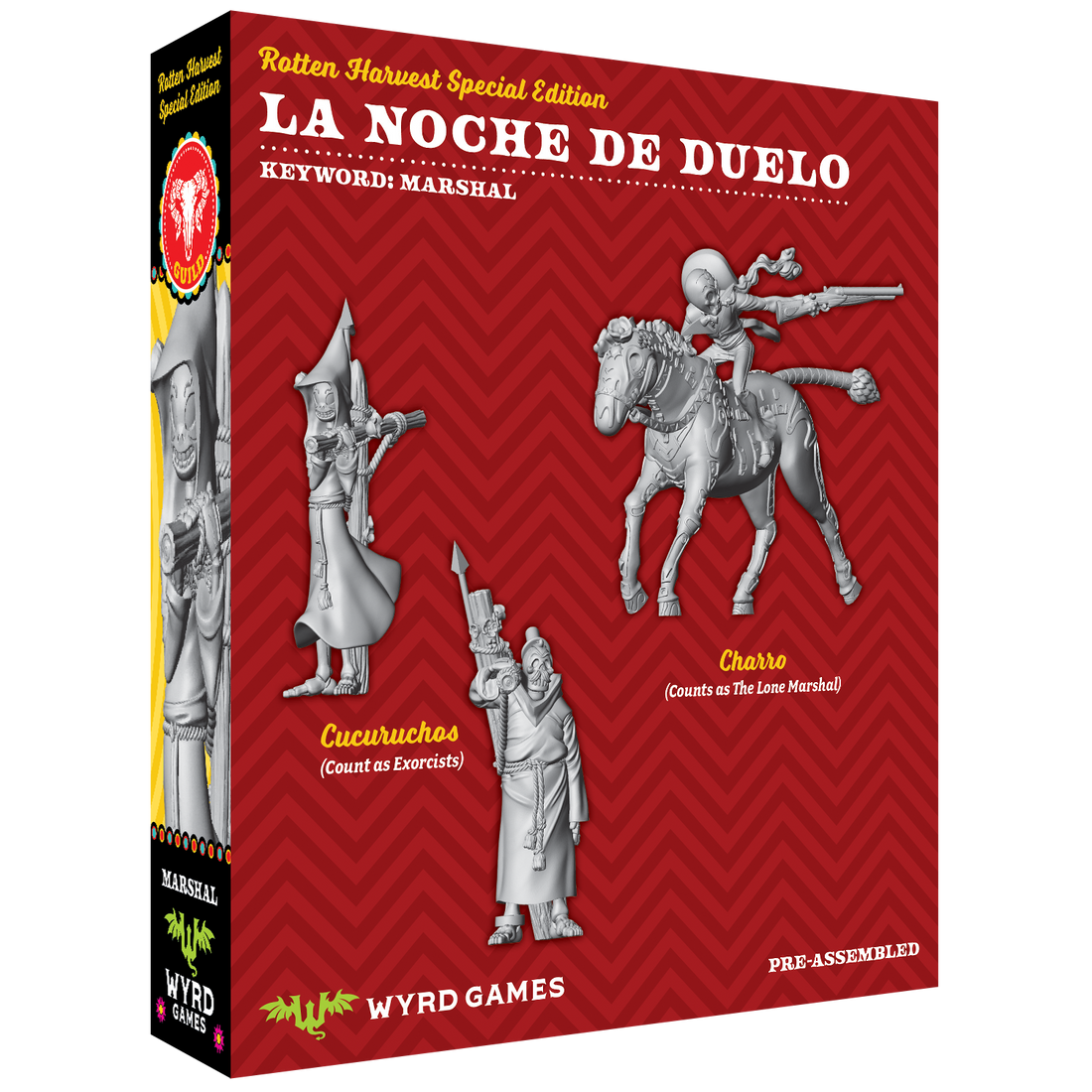
                    
                      Back view of the Rotten Harvest La Noche de Duelo Malifaux box set by Wyrd Miniatures, featuring detailed miniature artwork.
                    
                  