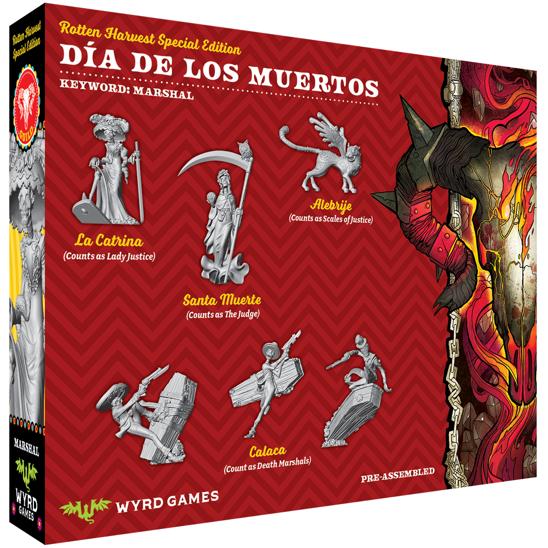
                    
                      Wyrd Miniatures Rotten Harvest Dia De Los Muertos Malifaux box showing painted back design with vibrant skull artwork and decorative elements
                    
                  