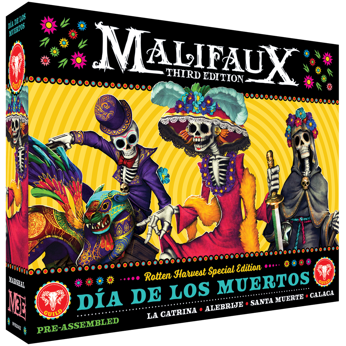 
                    
                      Limited Edition Rotten Harvest Dia De Los Muertos Malifaux box by Wyrd Miniatures featuring detailed Halloween-themed figurines.
                    
                  
