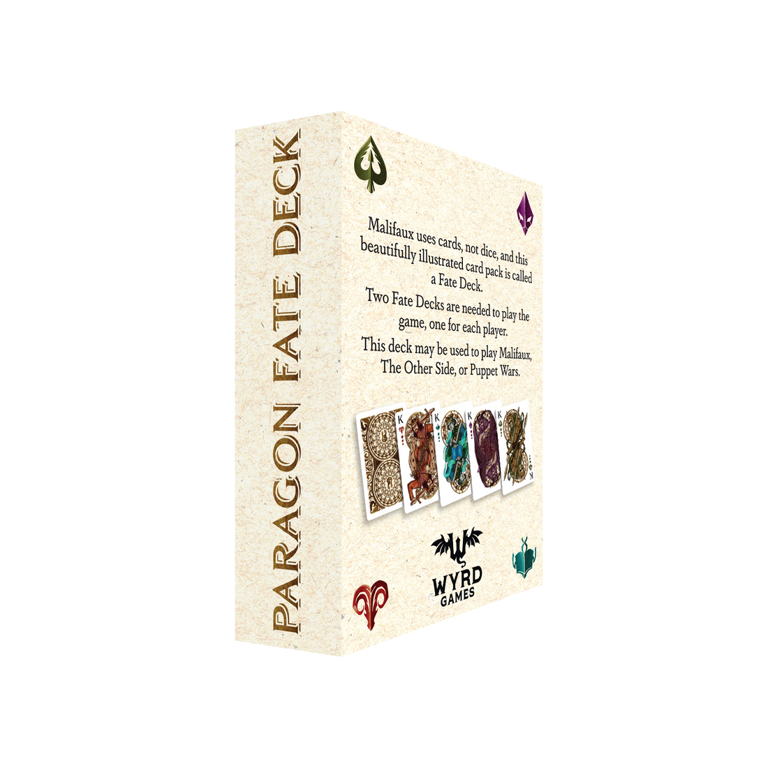 
                    
                      Back of the Wyrd Miniatures Paragon Fate Deck for Malifaux, featuring card backs with detailed artwork and branding.
                    
                  