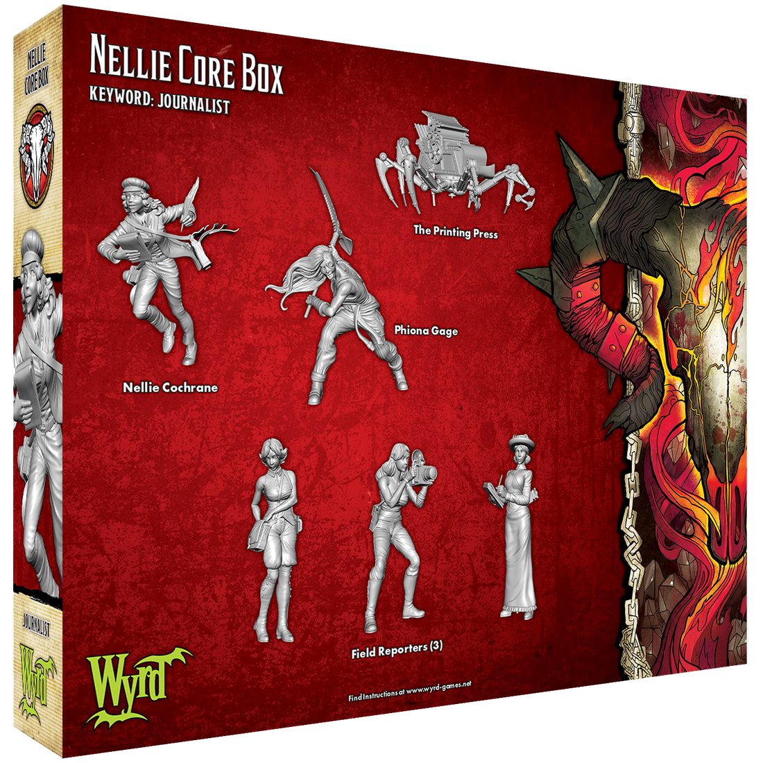 
                    
                      Back view of the Nellie Core Box by Wyrd Miniatures, showing detailed miniature figures and gaming accessories inside the box.
                    
                  