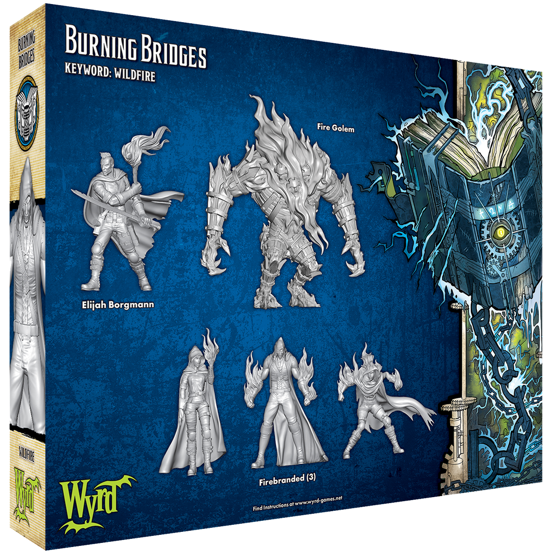 
                    
                      Burning Bridges Malifaux keyword box by Wyrd Miniatures, showing detailed game cards and miniature figures from the set.
                    
                  