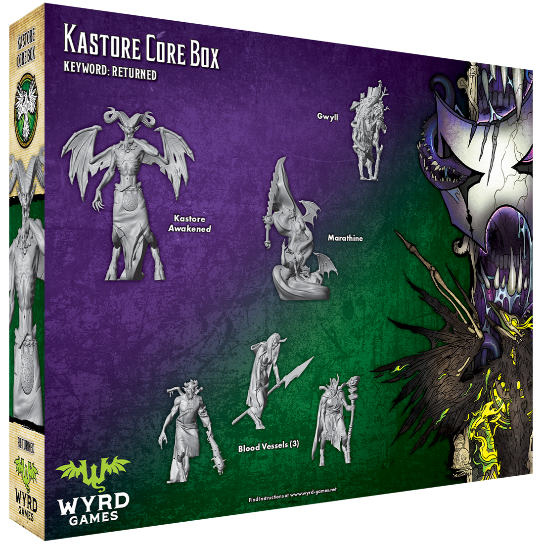 
                    
                      Wyrd Miniatures Kastore Core Box with miniature figures and game components, viewed from the back side.
                    
                  
