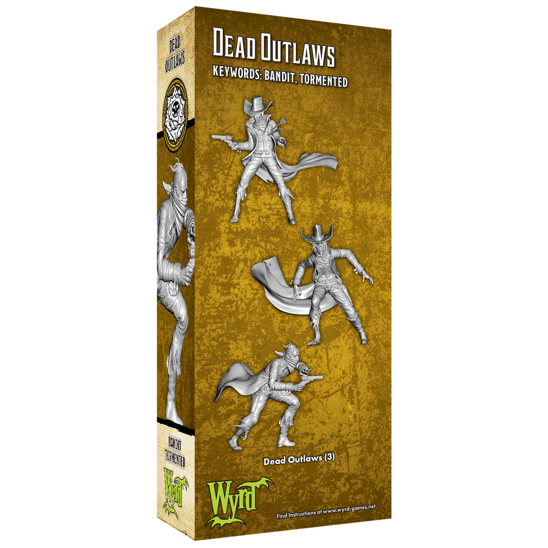 
                    
                      Back view of Wyrd Miniatures Dead Outlaws tabletop gaming miniatures set, featuring detailed painted figures with weapons and rugged outfits.
                    
                  