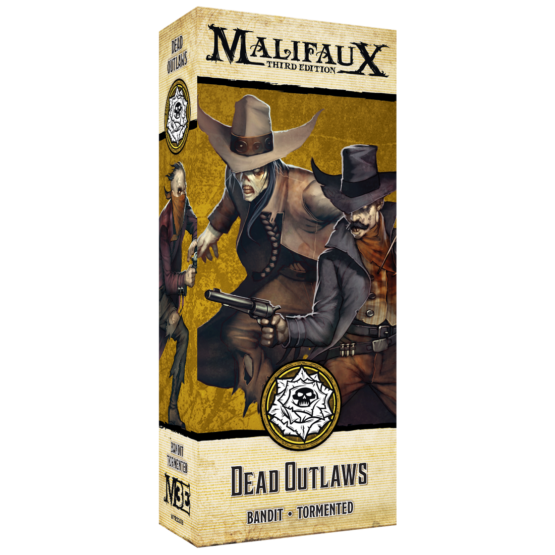 
                    
                      Front view of Wyrd Miniatures Dead Outlaws game miniatures set featuring rugged outlaw figures in detailed attire.
                    
                  