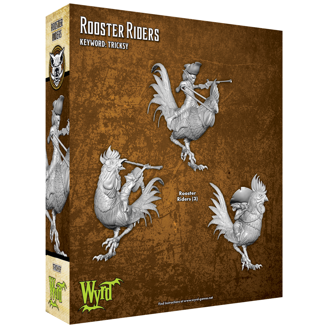 
                    
                      Back view of Wyrd Miniatures Rooster Riders figurine, featuring detailed rooster characters riding armored steeds.
                    
                  