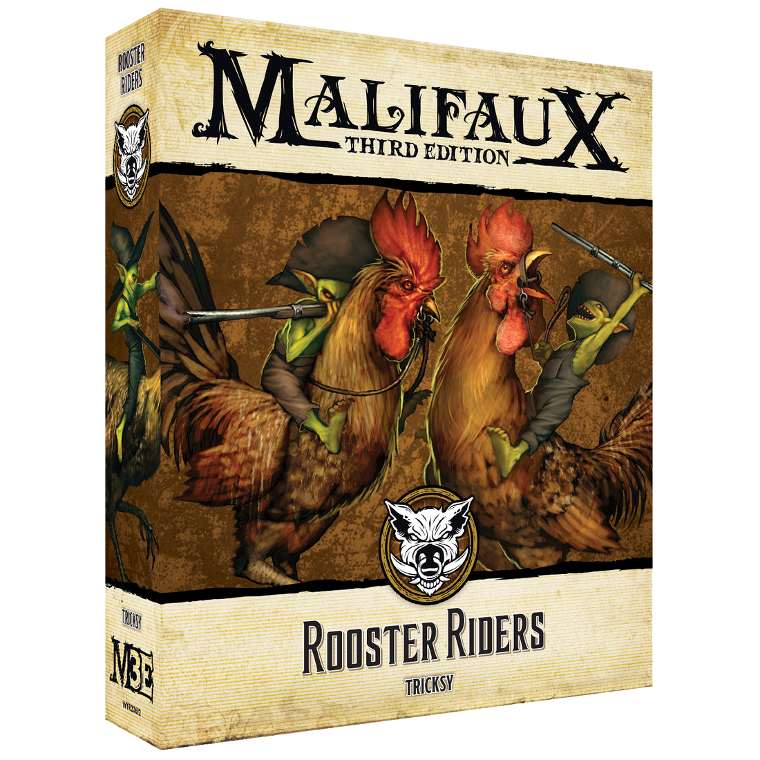 
                    
                      Front view of Wyrd Miniatures Rooster Riders figurine set featuring two detailed rooster characters on horseback.
                    
                  