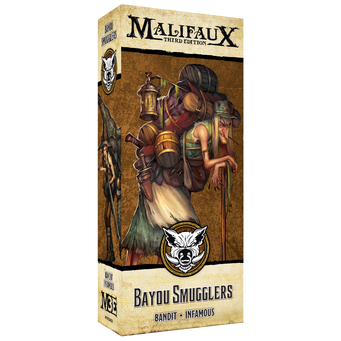 
                    
                      Malifaux Bayou Smugglers miniature by Wyrd Miniatures showing front view with detailed swamp-themed characters and accessories.
                    
                  