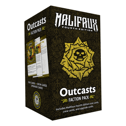 Outcast faction pack for Malifaux Fourth Edition by Wyrd Miniatures, featuring detailed miniatures and faction artwork.