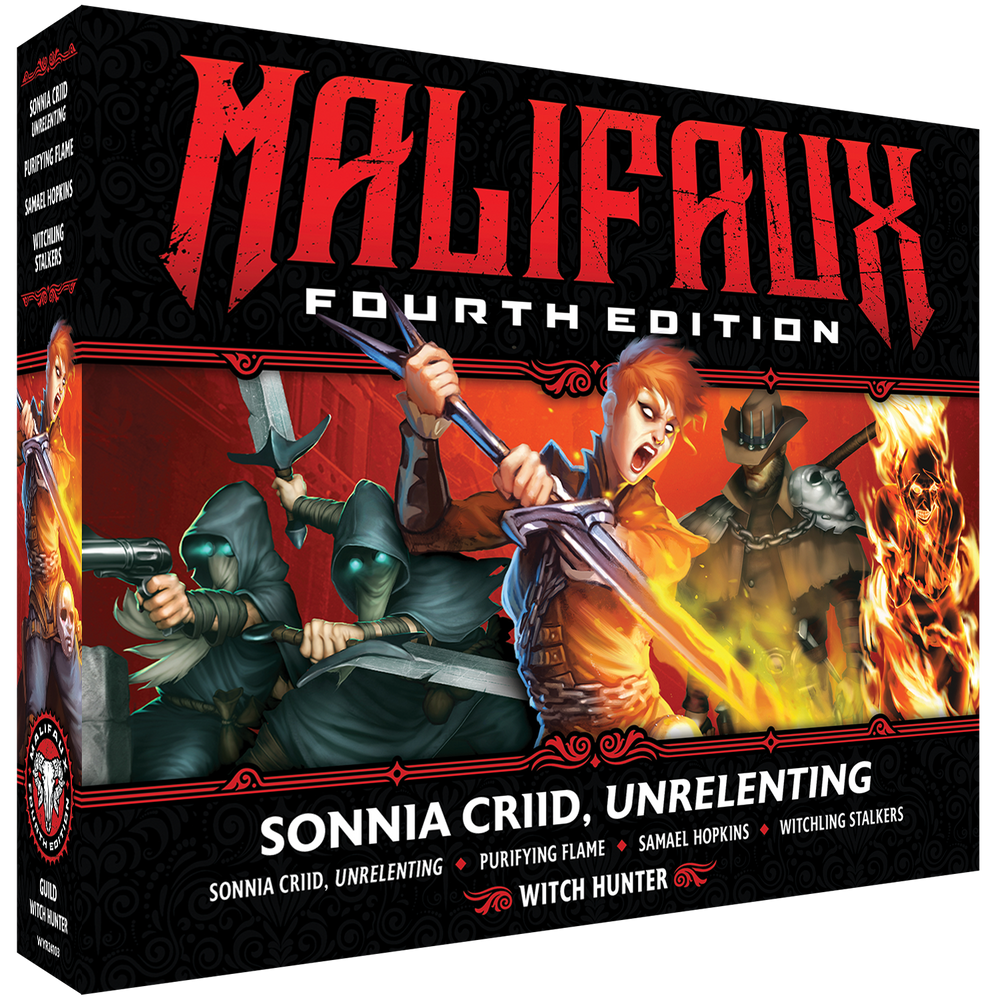 Malifaux Fourth Edition Sonnia Criid, Unrelenting miniature from Wyrd Miniatures' core box, showing her detailed fiery-themed appearance.