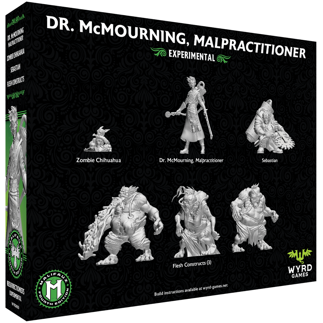
                    
                      Malifaux Fourth Edition Dr. McMourning Malpractitioner miniatures from Wyrd Miniatures core box, showing back view with detailed character design
                    
                  
