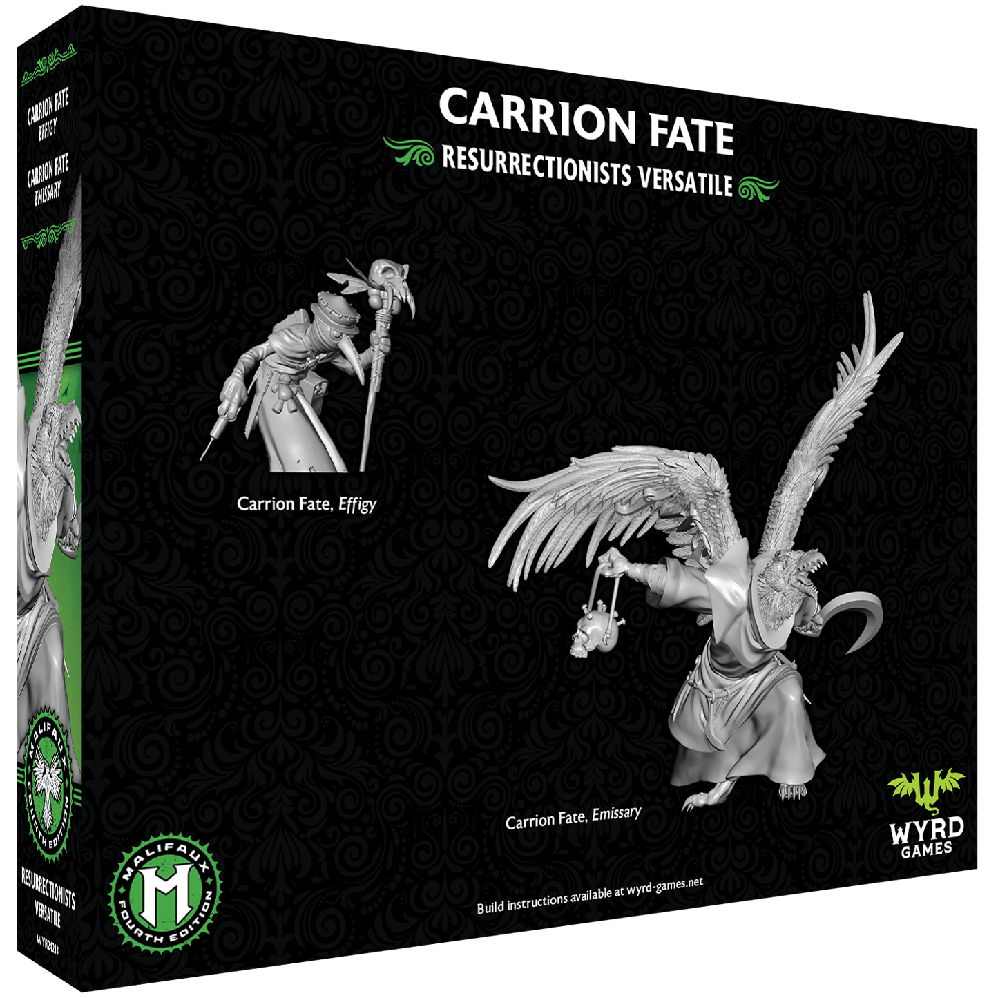 
                  
                    Back view of Wyrd Miniatures Malifaux Fourth Edition Carrion Fate versatile box showing detailed miniature components.
                  
                