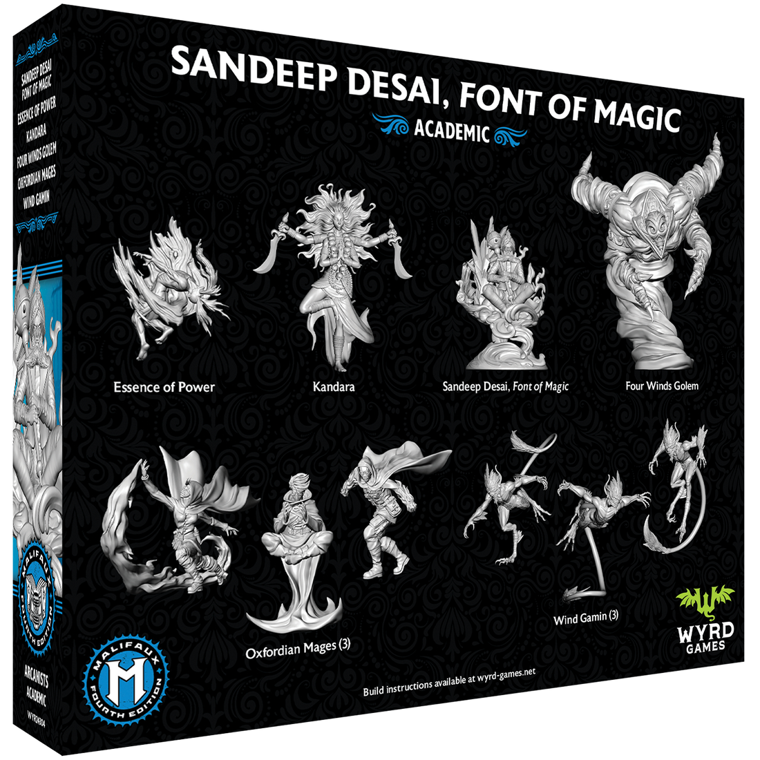 
                    
                      Malifaux Fourth Edition Sandeep Desai, Font of Magic miniatures from the Wyrd Miniatures core box, showing detailed character art.
                    
                  
