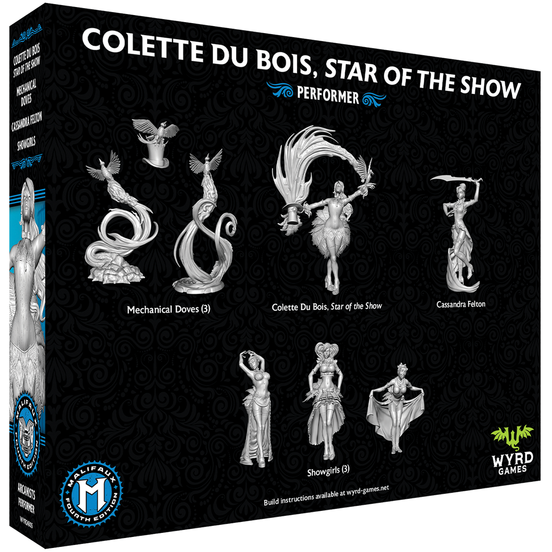
                    
                      Malifaux Fourth Edition Colette Du Bois miniature from Wyrd Miniatures, showing her back with detailed costume and accessories.
                    
                  