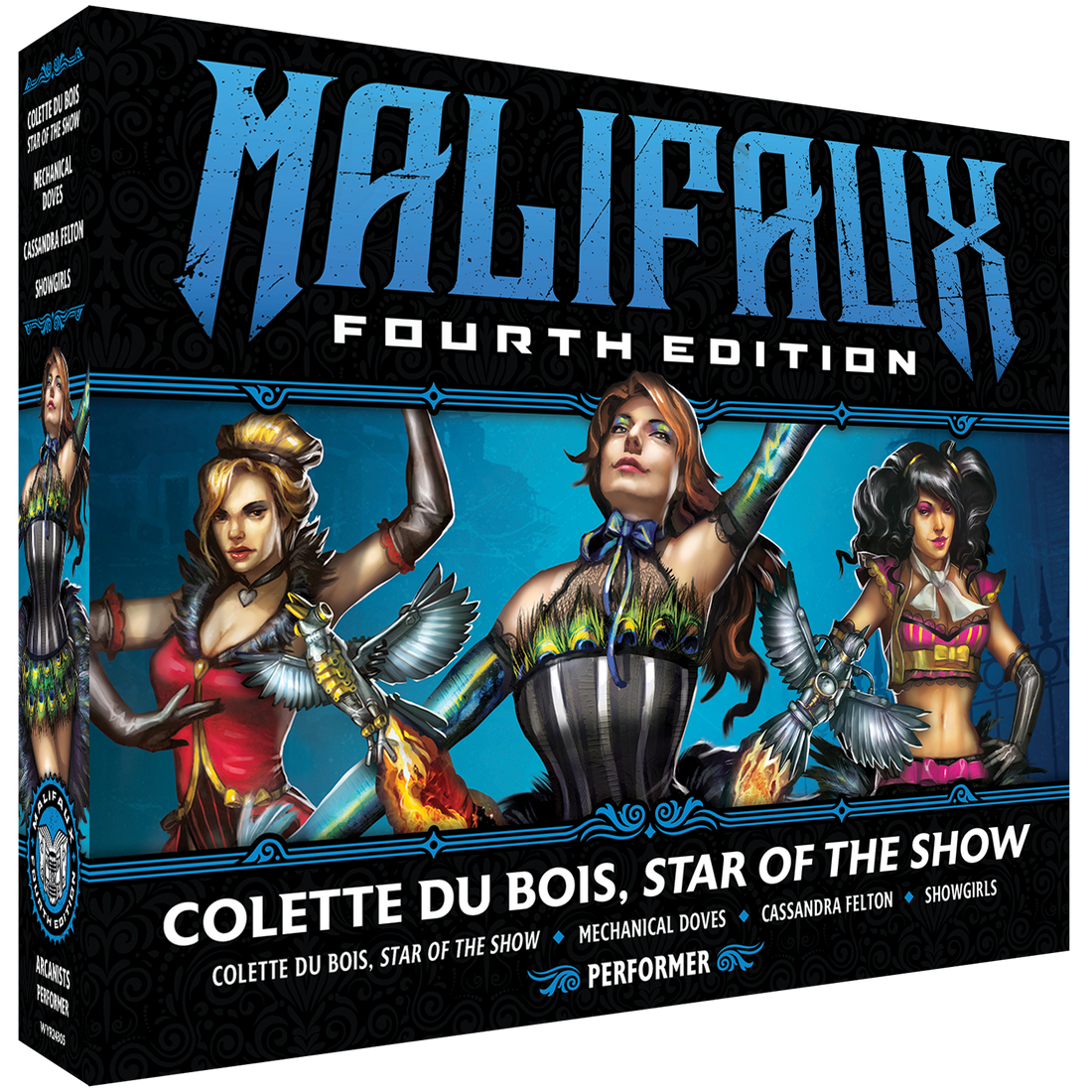 
                    
                      Malifaux Fourth Edition: Colette Du Bois, Star of the Show miniature from Wyrd Miniatures' Malifaux Core Box, front view.
                    
                  
