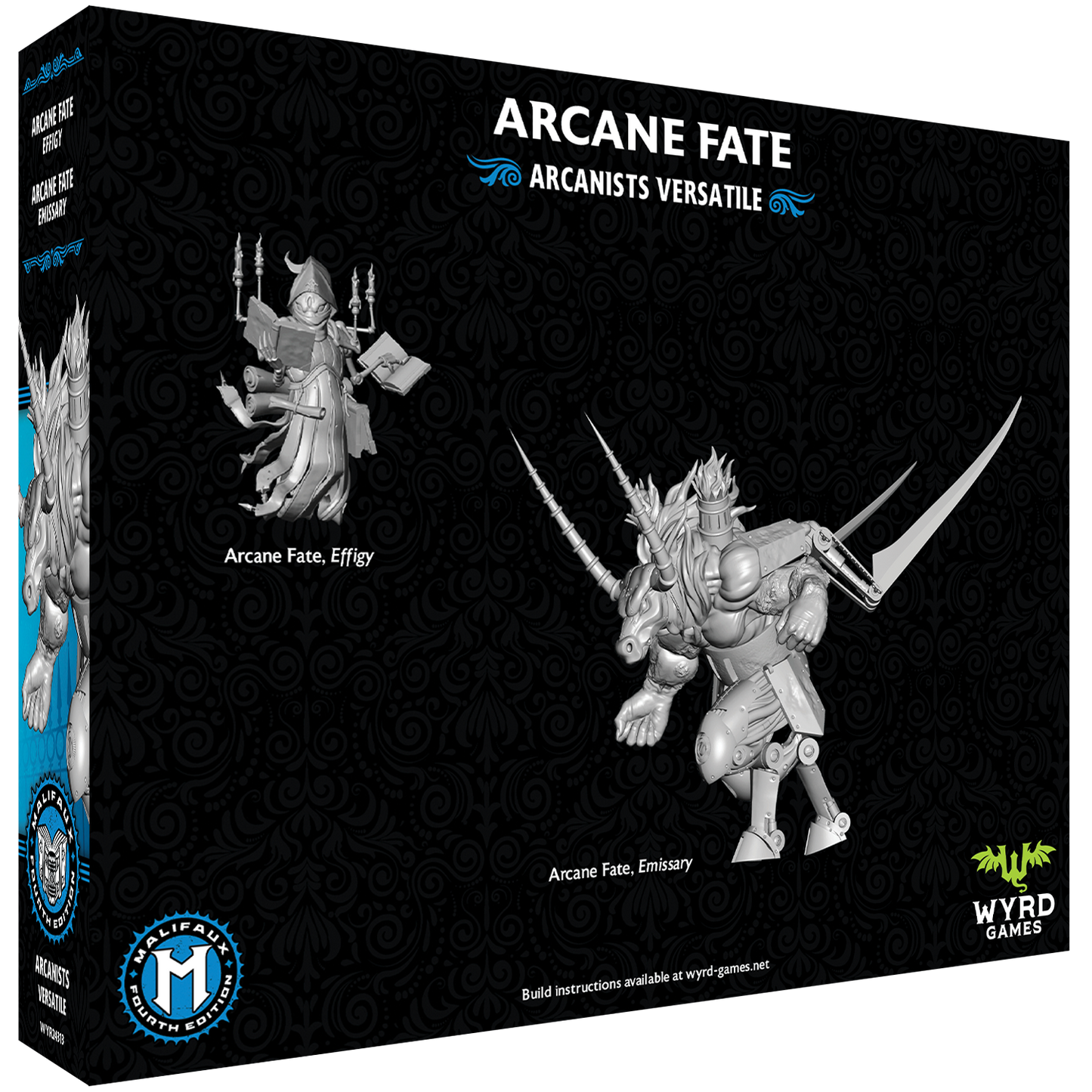 
                  
                    Malifaux Fourth Edition Arcane Fate box set by Wyrd Miniatures, showing game cards and character tokens.
                  
                