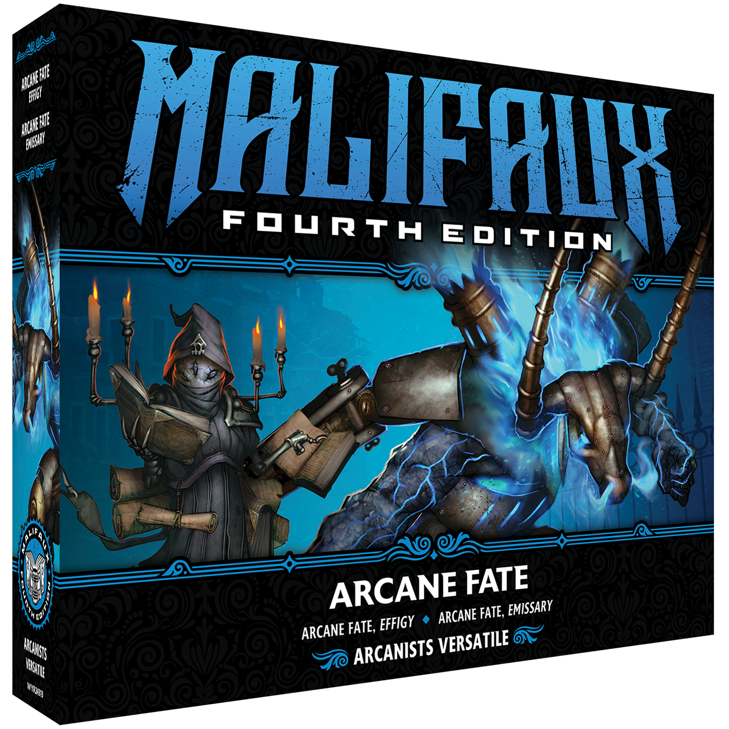 
                  
                    Front view of Wyrd Miniatures Malifaux Fourth Edition Arcane Fate box, showcasing artwork and packaging details.
                  
                
