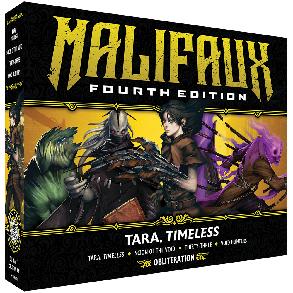 Malifaux Fourth Edition Tara, Timeless core box by Wyrd Miniatures showing detailed miniature figure and packaging front.