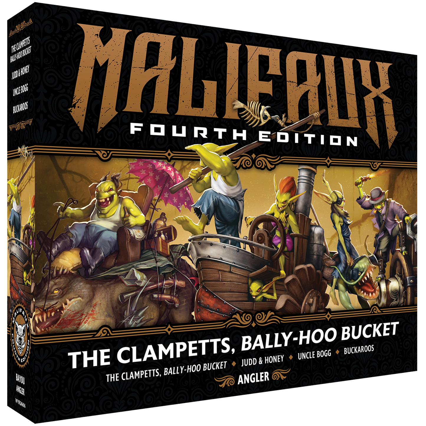 
                  
                    Malifaux Fourth Edition Wyrd Miniatures Clampetts Bally-Hoo Bucket core box front view, featuring collectible miniatures and game components.
                  
                