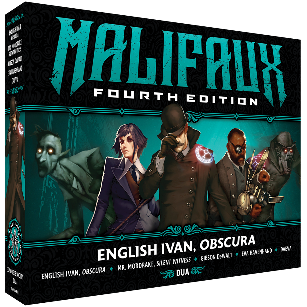 Front packaging for the Malifaux Fourth Edition English Ivan, Obscura core box, featuring the DUA crew.