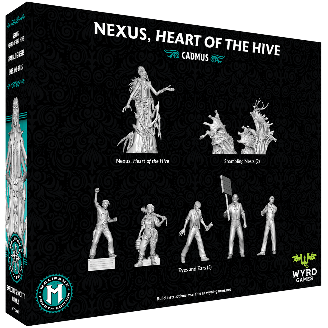 
                    
                      Malifaux Fourth Edition Nexus Heart of the Hive core box by Wyrd Miniatures showing game components and artwork on the back.
                    
                  