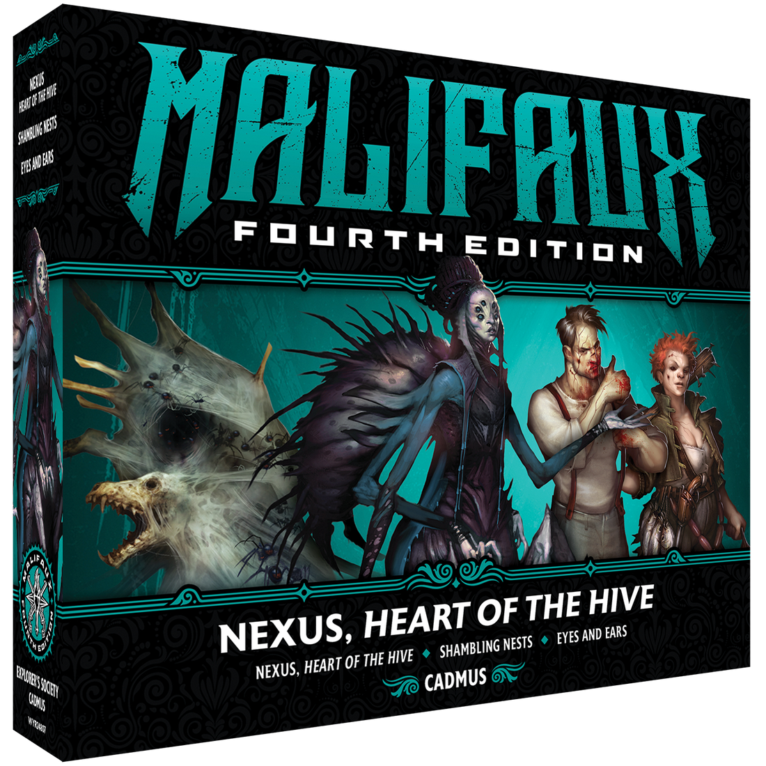 
                    
                      Malifaux Fourth Edition Nexus Heart of the Hive core box featuring miniatures and game components for Wyrd Miniatures.
                    
                  