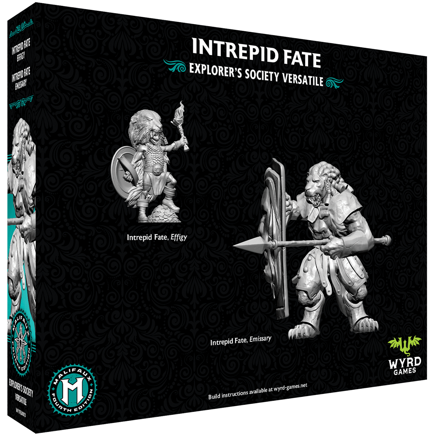 Malifaux Fourth Edition Intrepid Fate versatile box by Wyrd Miniatures, showing detailed game miniature and packaging from the back.