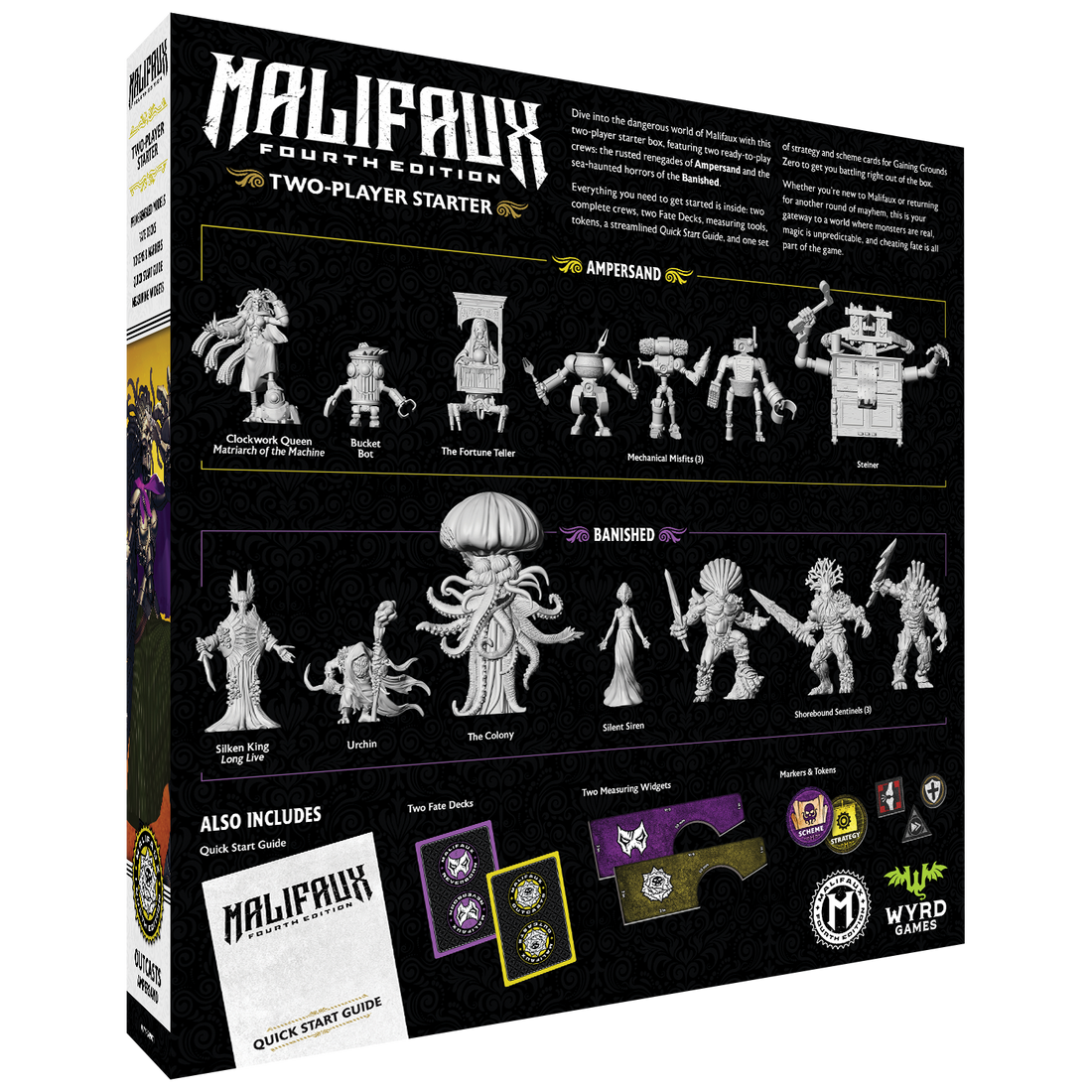 
                    
                      Malifaux Fourth Edition Two Player Starter Box by Wyrd Miniatures showing game components and artwork on the back of the box.
                    
                  