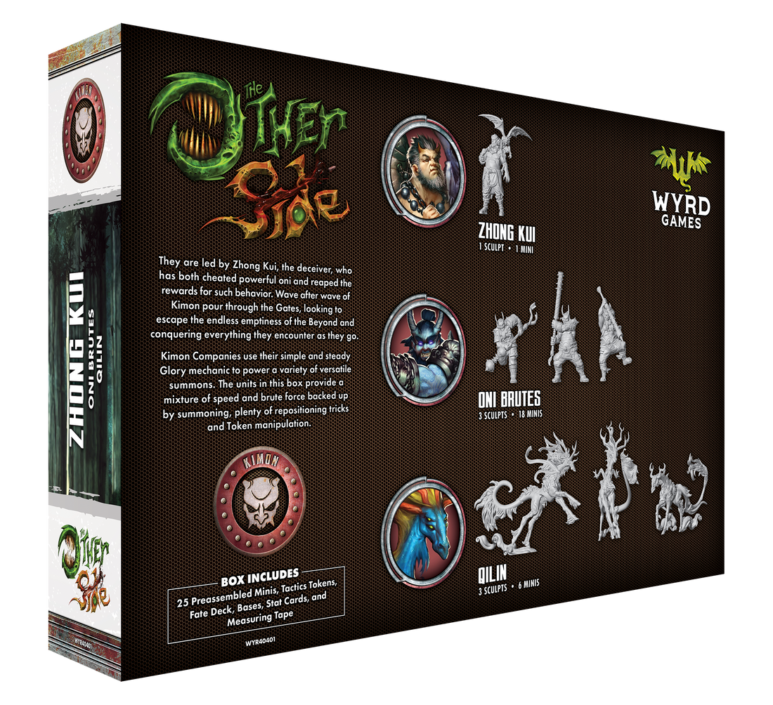 
                    
                      Back view of Wyrd Miniatures Kimon Allegiance Box, The Other Side Allegiance Box, showing artwork and packaging details.
                    
                  