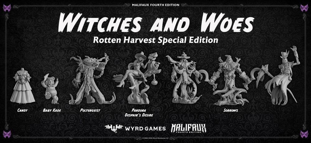 Seven Rotten Harvest Witches and Woes models: Candy, Baby Kade, Poltergeist, Pandora, Despair's Desire, and Sorrows x3.