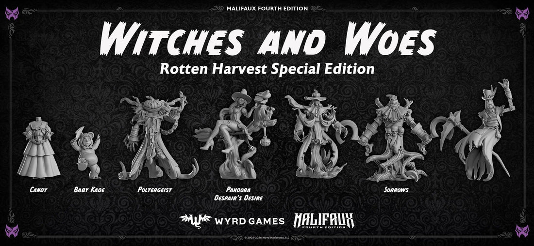 
                    
                      Seven Rotten Harvest Witches and Woes models: Candy, Baby Kade, Poltergeist, Pandora, Despair's Desire, and Sorrows x3.
                    
                  