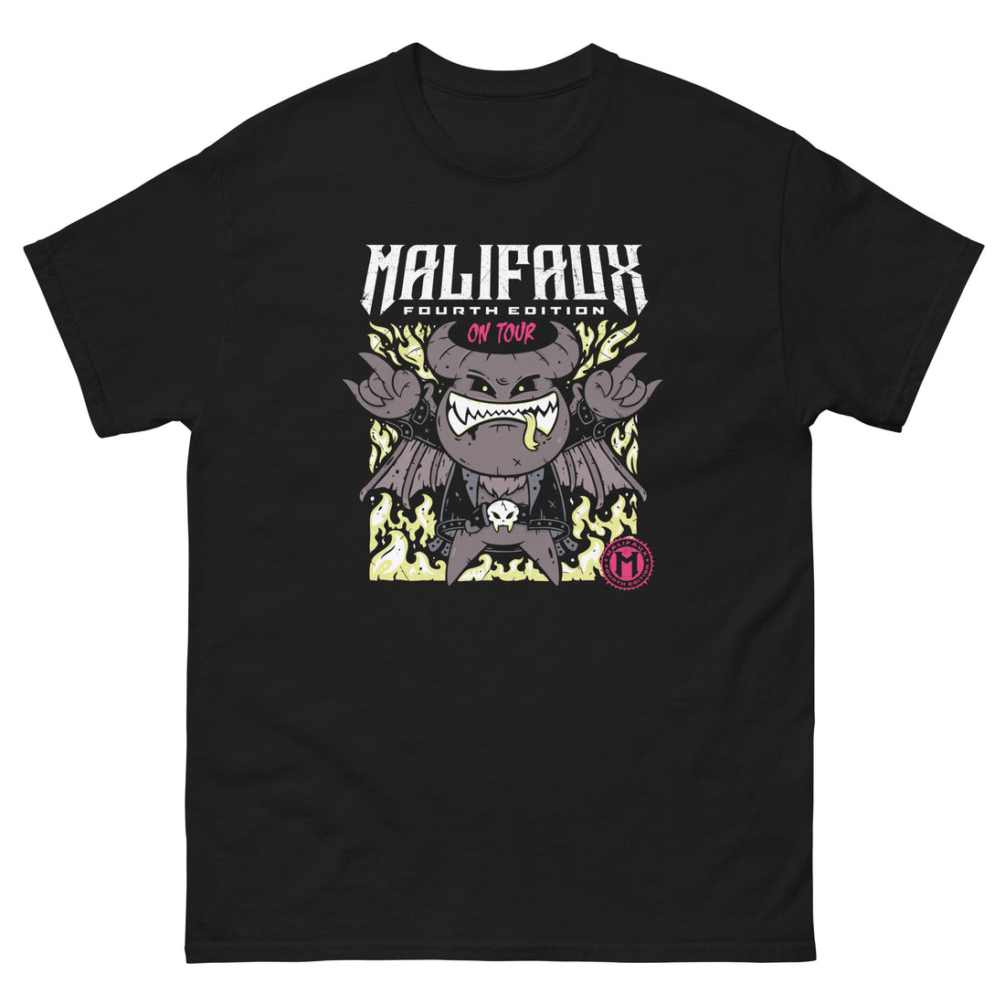 
                    
                      Black unisex classic T-shirt featuring the Wyrd Miniatures Malifaux On Tour logo on the front.
                    
                  