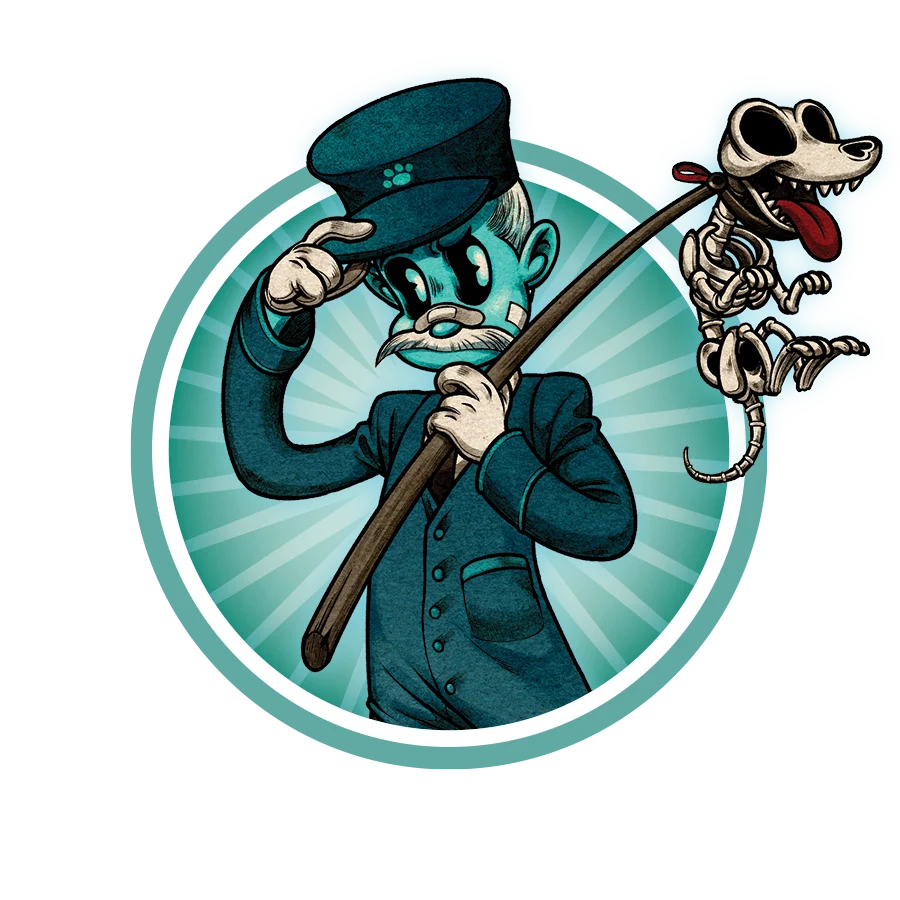 Dogcatcher and ghostly pup illustration for the Vagrantsong Throw Me a Bone Side Scenario