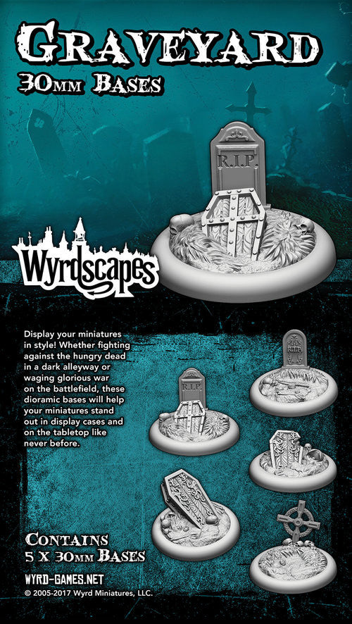 
                    
                      30mm Wyrdscape Graveyard base with detailed tombstones and gravestones for Malifaux miniatures.
                    
                  