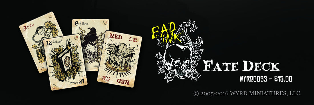
                    
                      Malifaux Bad Ink Fate Deck by Wyrd Miniatures, featuring illustrated playing cards for the tabletop game.
                    
                  