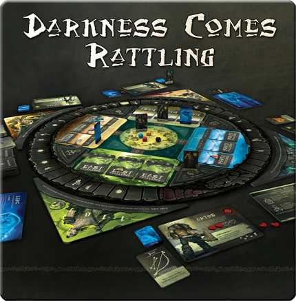 
                    
                      Darkness Comes Rattling board game by Wyrd, featuring dark, atmospheric artwork with game components on a table.
                    
                  