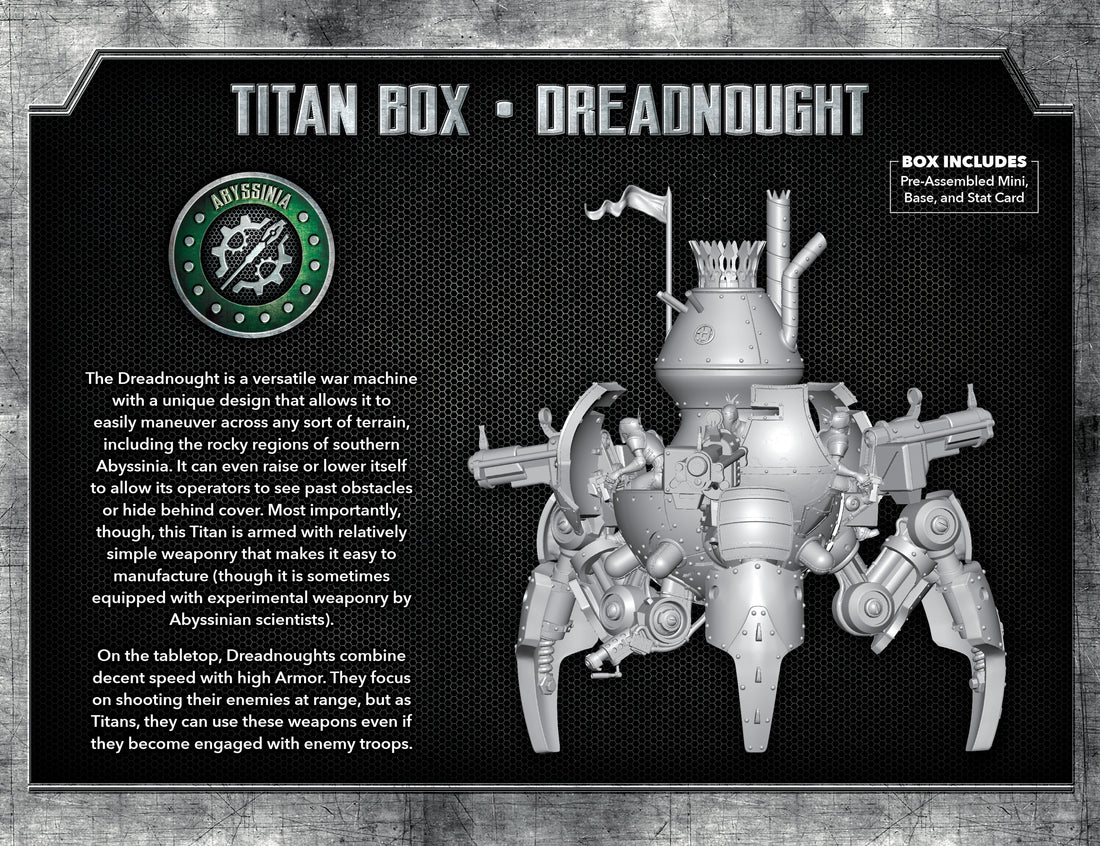 
                    
                      Wyrd Miniatures The Other Side Titan Box Dreadnought model viewed from the back, showcasing detailed armor and mechanical features.
                    
                  